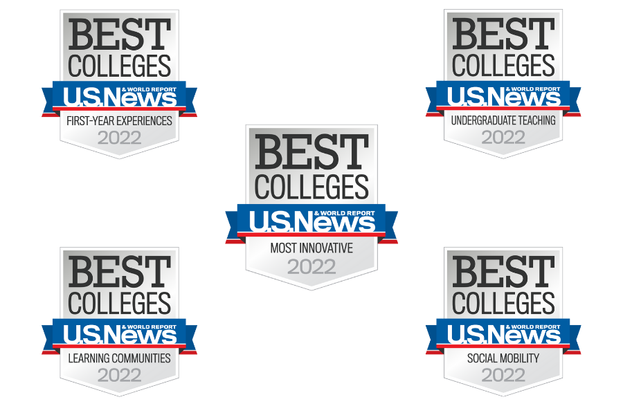 Five U.S. News & World Report award badges including #1 first-year experience, #1 most innovative, #2 undergraduate best teaching, #2 learning communities, and #6 social mobility.