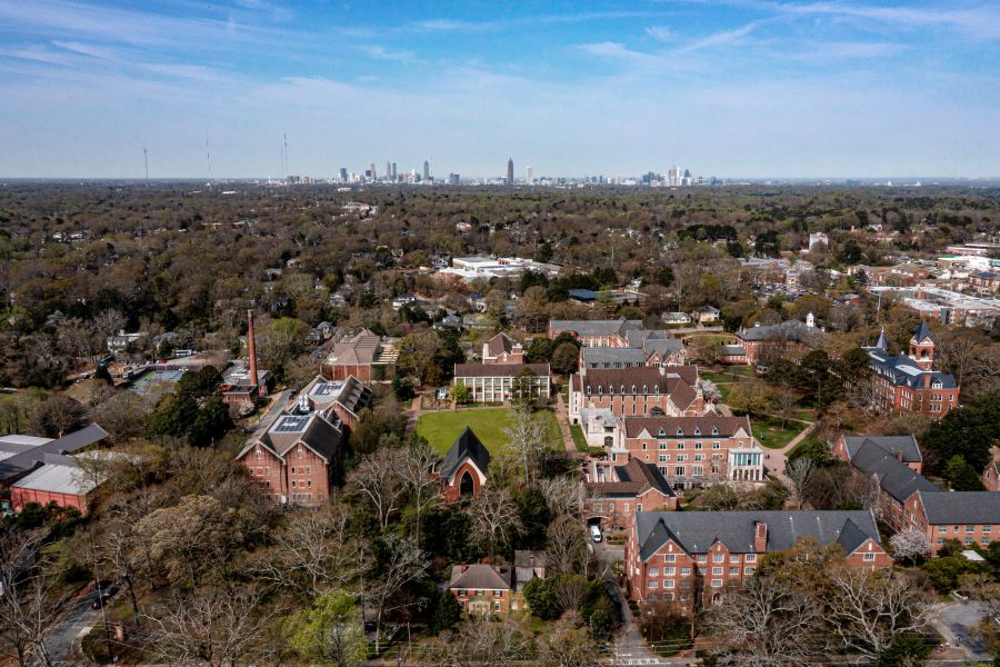An overhead view of Agnes Scott's campus, which is available to visit and tour.