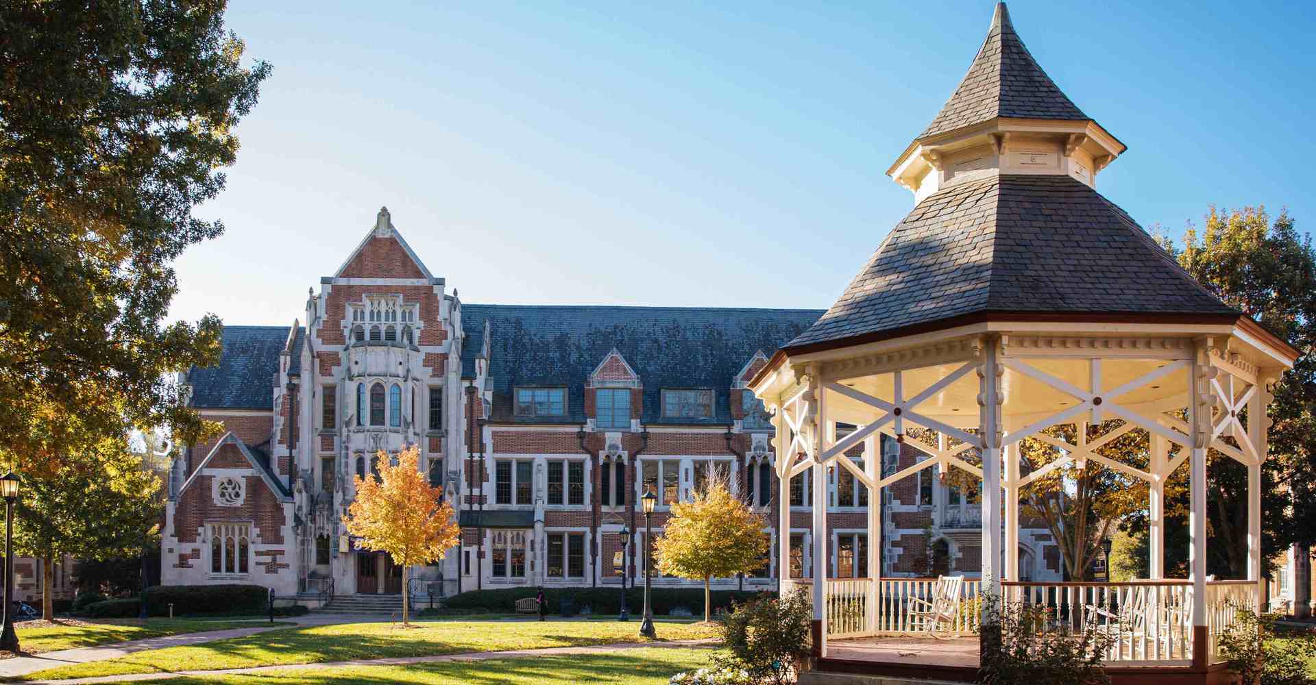 exterior photo of Agnes Scott campus including a gazebo