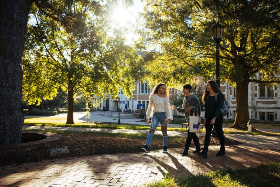 Students walking across the quad