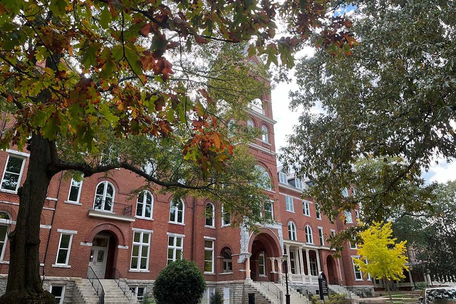 Main Hall view from front showing trees with changing leaf color