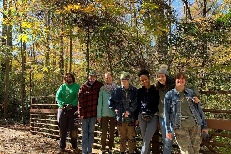 Student voluteers in the south campus woods