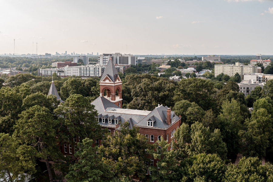 Drone view of Main bell tower and Decatur beyond