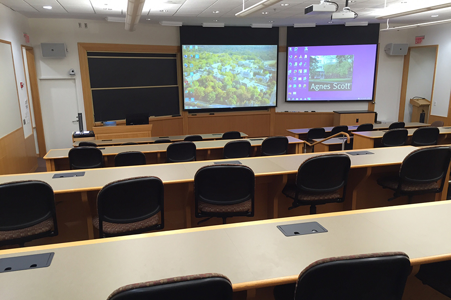 Bullock Teasley auditorium front view showing two projection screens