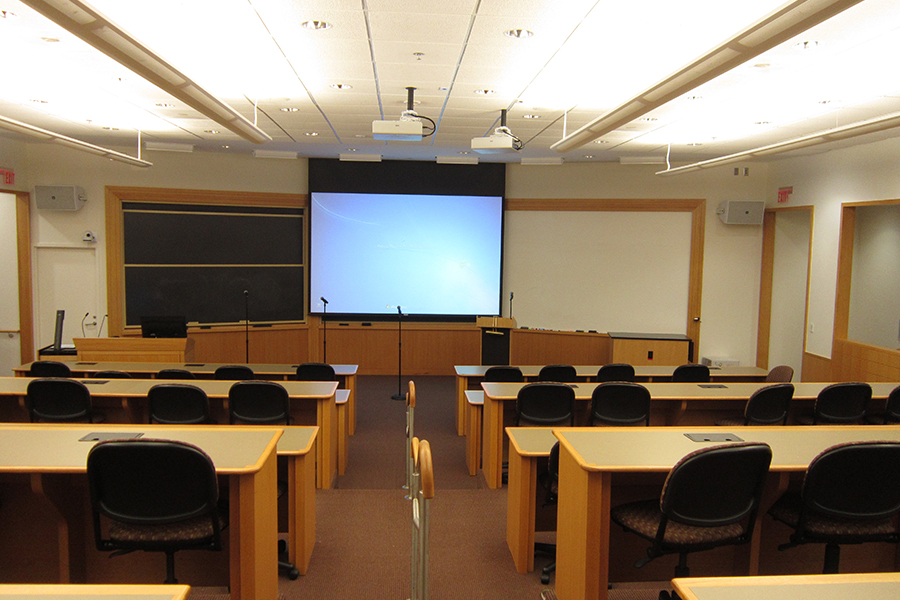 Bullock Teasley auditorium showing front view with one projection screen