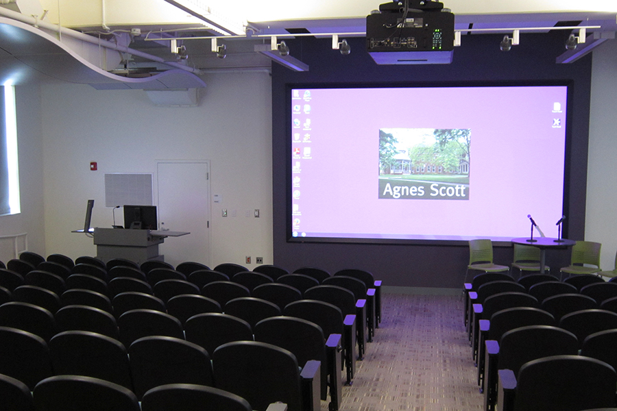 Front view of Campbell 128 showing auditorium seating and projection screen