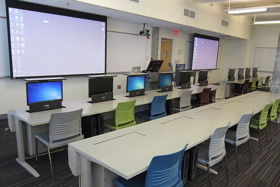 View of Campbell G15 showing desks with computers and projection screen