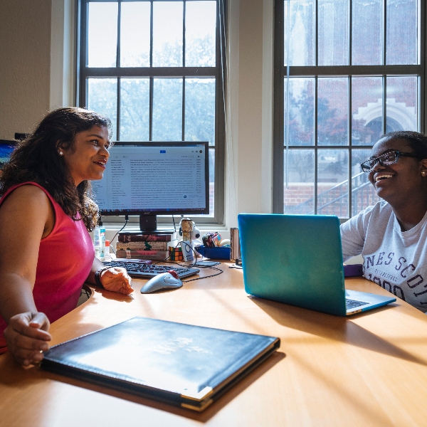 Agnes Scott College student taking advantage of career communities and talking with a career coach.