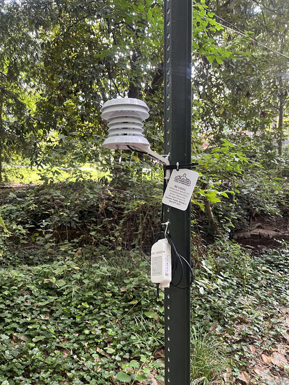 Pictured: white temperature sensor fixed to a sign post under tree canopy