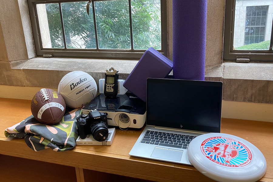 Equipment available to borrow displayed on table