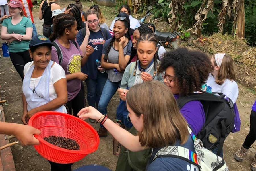 Students learn about coffee production in Peru.